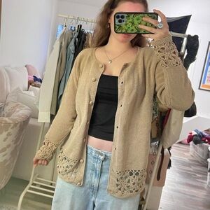 Vintage 90s tan knit crochet trim cardigan